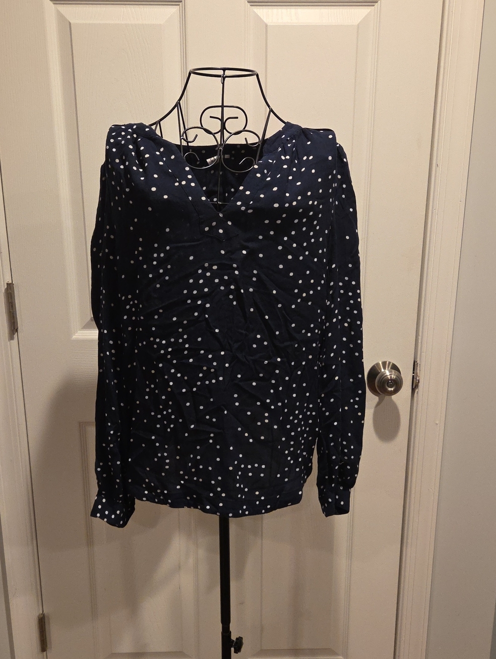 GAP Navy and White Polka Dot V-Neck Blouse
